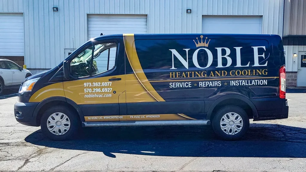 Noble Heating and Cooling Ford Transit full commercial vehicle wrap in Montague NJ